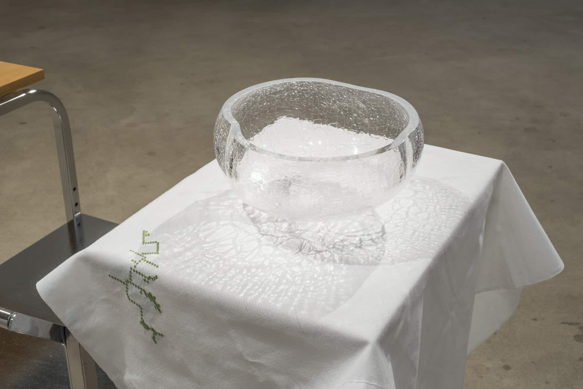 Cotton tablecloth by Ekaterini & Marietta hosting a glass bowl by Joonas Laakso